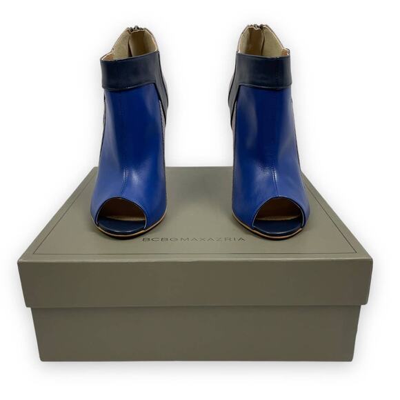 BCBGMaxazria | Nicoletta Blue & Gray Colorblock Leather Peep Toe Eve Booties - Picture 2 of 12